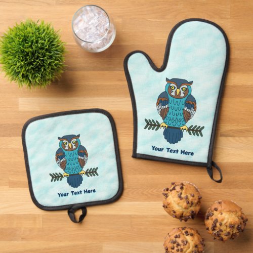 Nordic Folk Art Owl Oven Mitt  Pot Holder Set