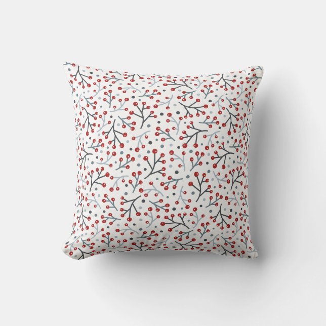 Nordic Folk Art Red Blue Berries and Branches Throw Pillow (Front)