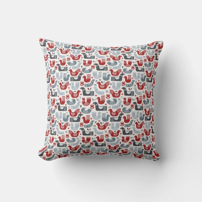 Nordic Folk Art Red Blue Birds And Flowers Throw Pillow (Front)