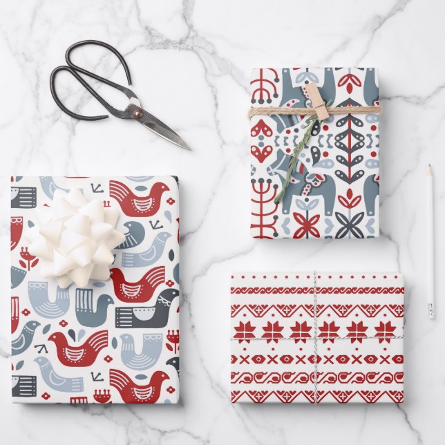 Nordic Folk Art Red Blue Birds Flowers Dala horse Wrapping Paper Sheets (Front)