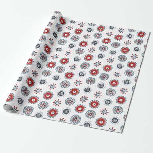 Nordic Folk Art Red Blue Circles and Flowers Wrapping Paper