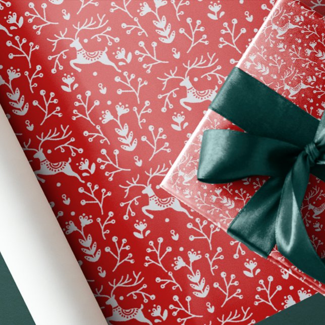 Nordic Folk Art Red Reindeer Antlers and Branches Wrapping Paper (Creator Uploaded)