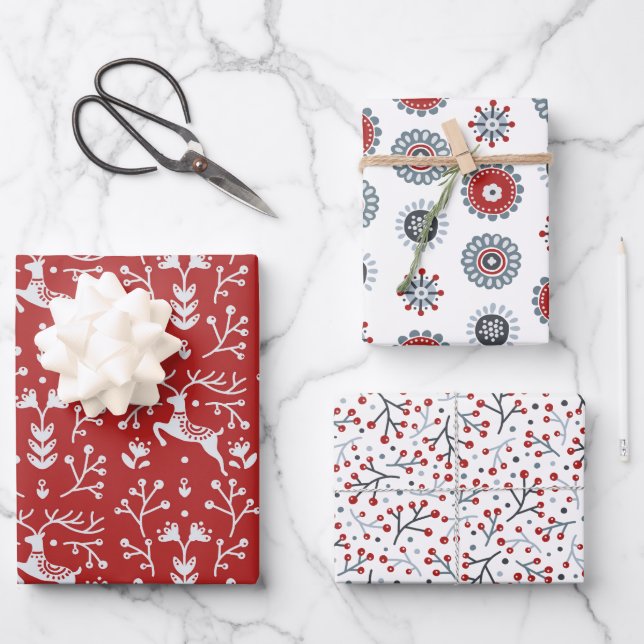 Nordic Folk Art Red Reindeer Antlers and Branches  Wrapping Paper Sheets (Front)