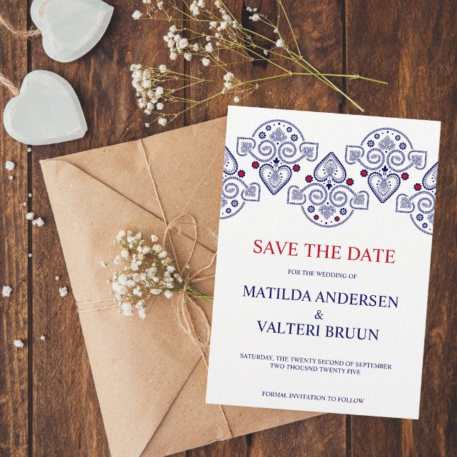 Nordic Folk Art Scandi Navy Wedding Save the Date Invitation (Creator Uploaded)