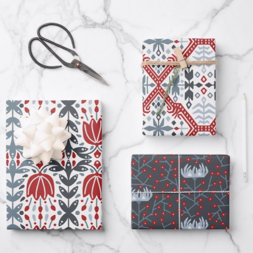 Nordic Folk Branches and Flowers red blue Wrapping Paper Sheets
