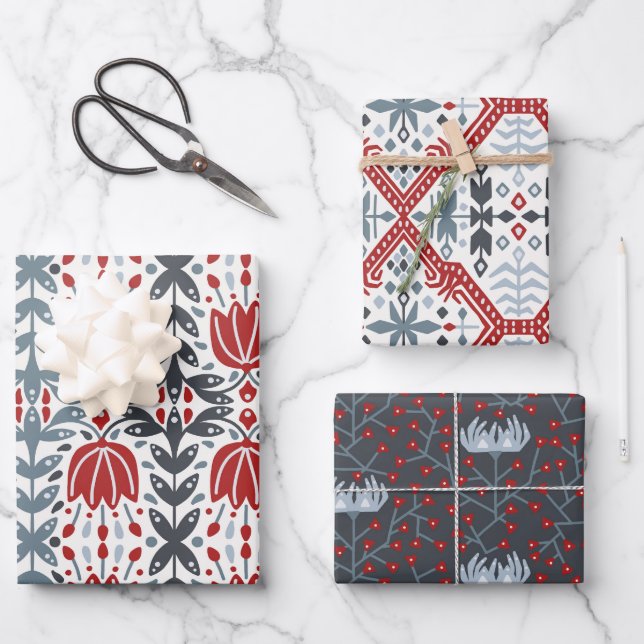 Nordic Folk Branches and Flowers red blue Wrapping Paper Sheets (Front)