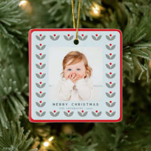 Nordic Folk Floral Merry Christmas Photo Ceramic Ornament