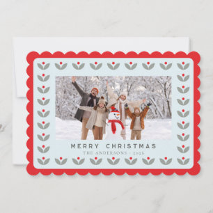 Nordic Folk Floral Scalloped Merry Christmas Photo Holiday Card