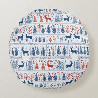 Nordic Folk Pattern Christmas Winter Wonderland Round Pillow