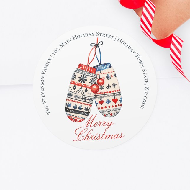 Nordic Folk Patterned Mittens Christmas Address Classic Round Sticker (Creator Uploaded)