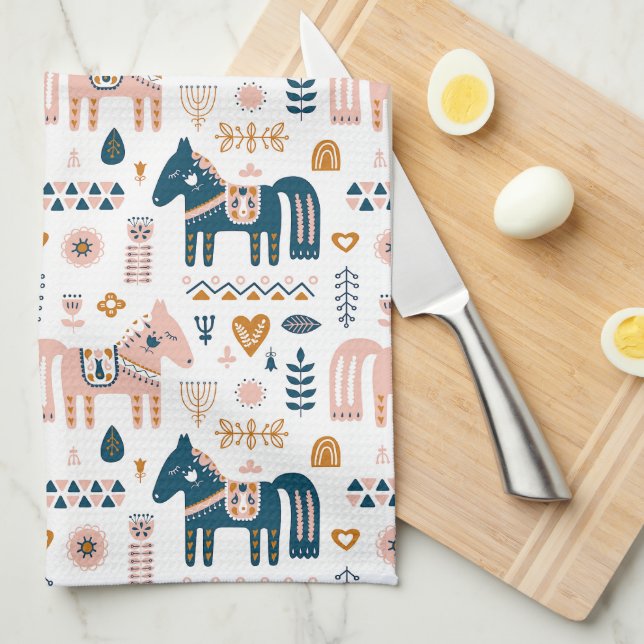 Nordic Folkart Horse Kitchen Towel (Quarter Fold)
