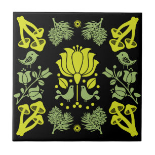 Nordic Forest Mushroom Folk Art Ceramic Tile