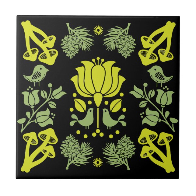 Nordic Forest Mushroom Folk Art Ceramic Tile (Front)