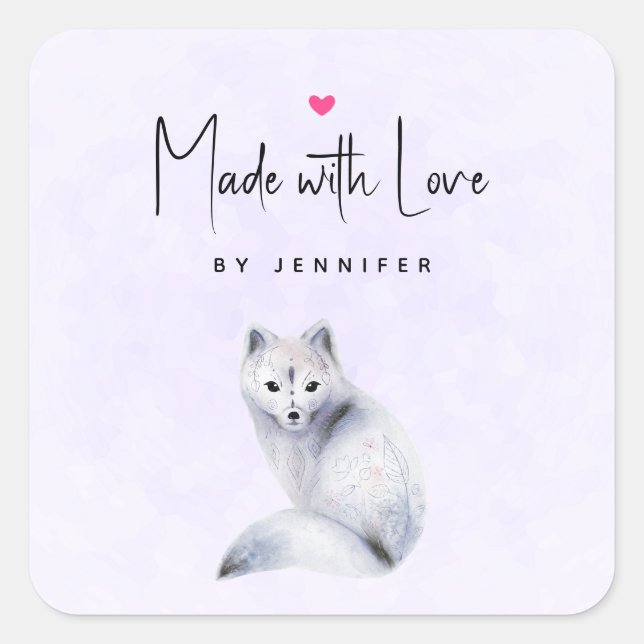 Nordic Fox with Floral Markings Made with Love Square Sticker (Front)