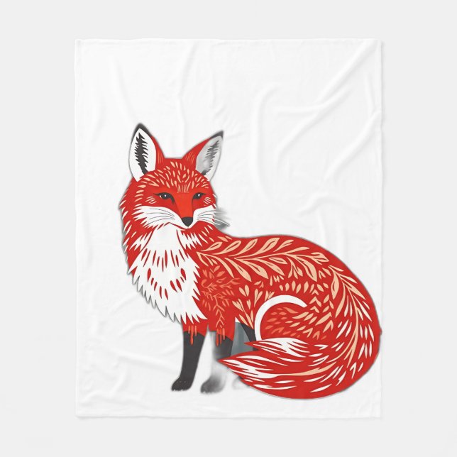 Nordic Fox with Leaf Patterns Fleece Blanket (Front)