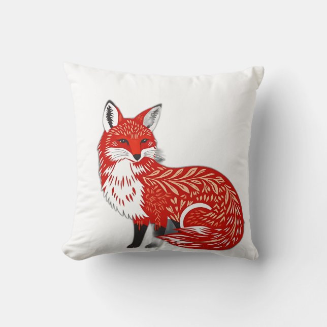 Nordic Fox with Leaf Patterns Throw Pillow (Front)