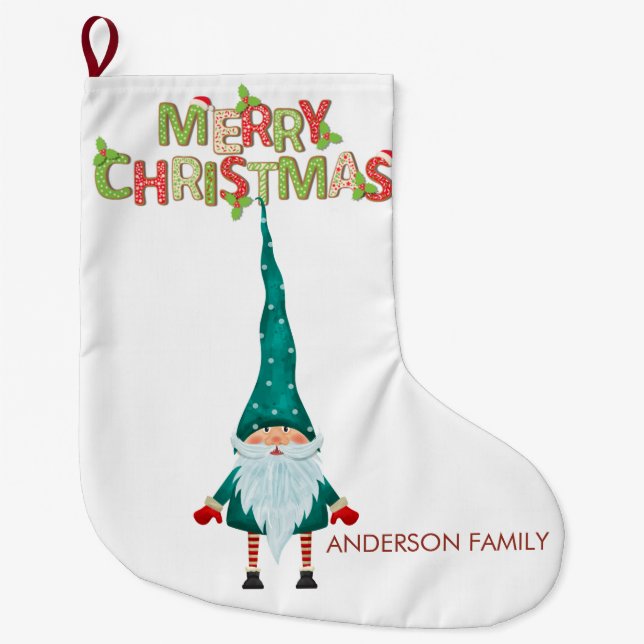 Nordic Gnome Merry Christmas Large Christmas Stocking (Front)