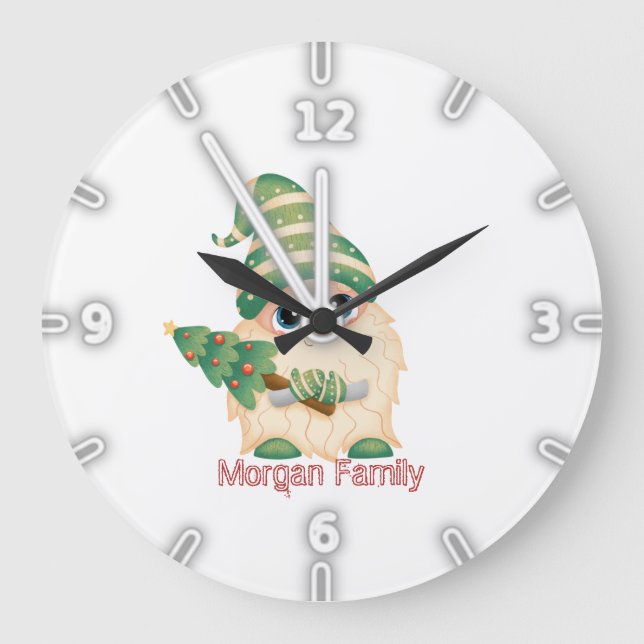 Nordic Gnome Pine Tree Christmas Large Clock (Front)
