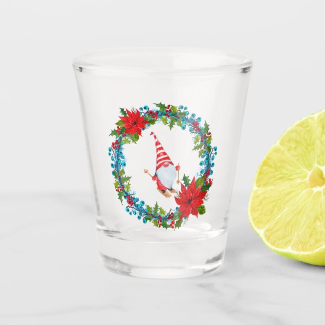 Nordic Gnome Skier Within a Christmas Wreath Shot Glass (Front)