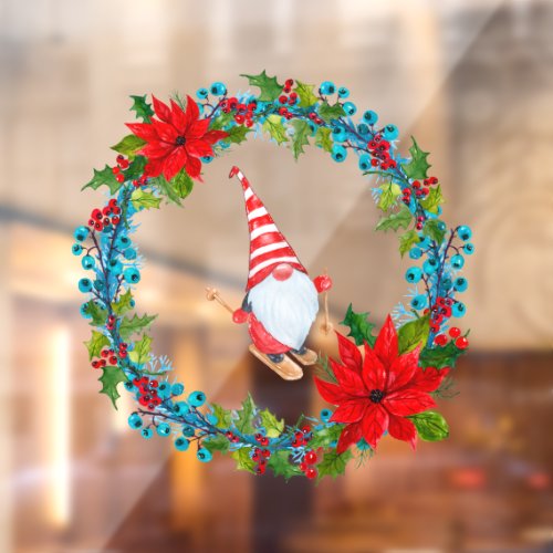 Nordic Gnome Skier Within a Christmas Wreath Vinyl Window Cling