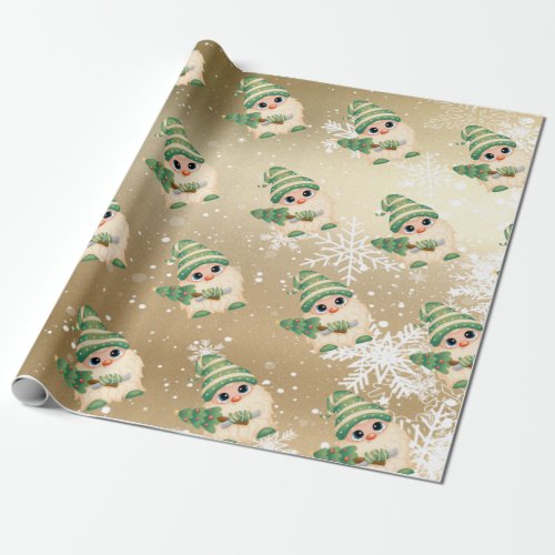 Nordic Gnome Snowflakes Gold Holiday Wrapping Paper