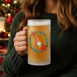 Nordic Gnomes and Skier Within Christmas Wreaths Frosted Glass Beer Mug