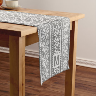 Nordic Gray Snowflake Faux Knit Sweater Monogram Short Table Runner