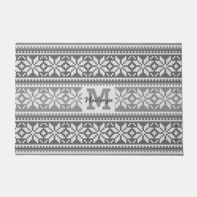 Nordic Gray Snowflake Sweater Pattern Personalized Doormat (Front)