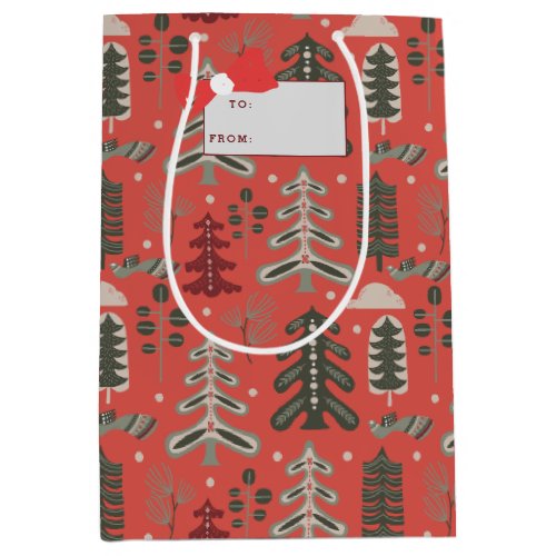 Nordic Green and White Tree Pattern on Red Medium Gift Bag