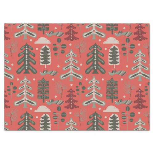 Nordic Green and White Tree Pattern on Red Tissue Paper