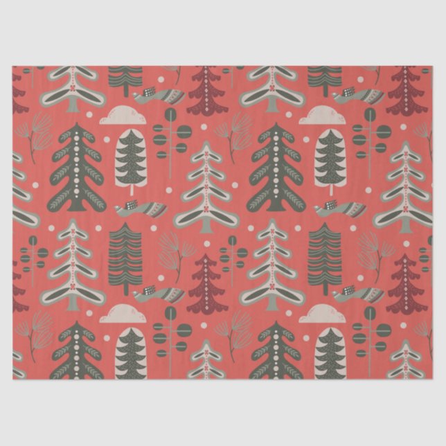 Nordic Green and White Tree Pattern on Red Tissue Paper (Front)
