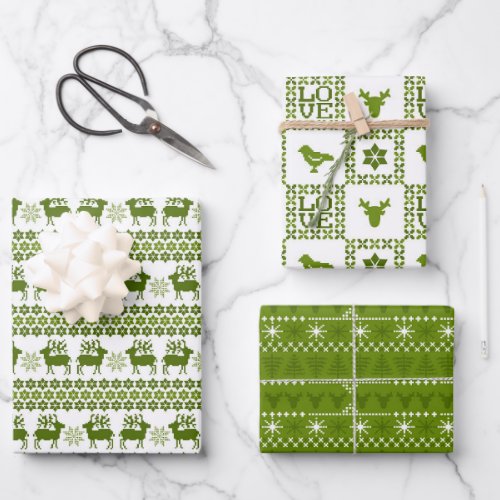 Nordic Holiday Patterns Green  White Wrapping Paper Sheets