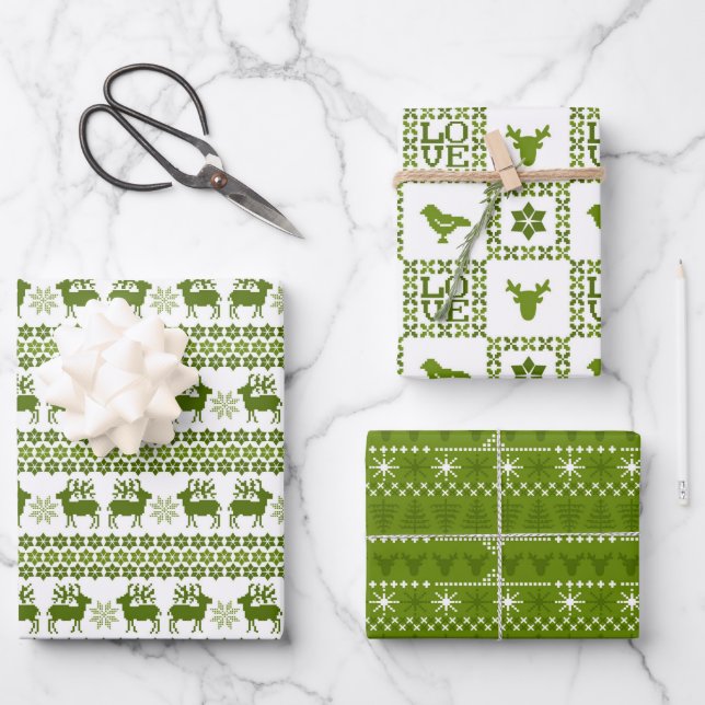 Nordic Holiday Patterns Green & White Wrapping Paper Sheets (Front)