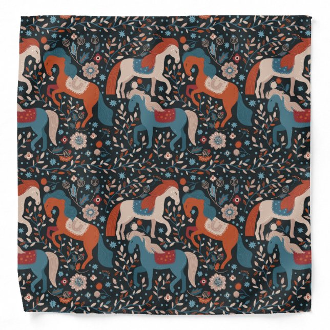 Nordic Horse Pattern on Blue Bandana (Front)