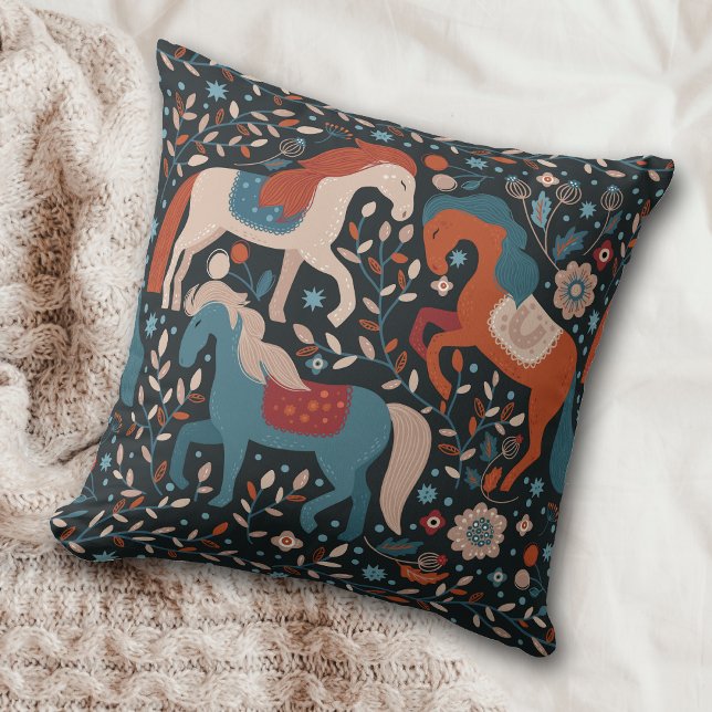 Nordic Horse Pattern on Blue Throw Pillow (Creator Uploaded)