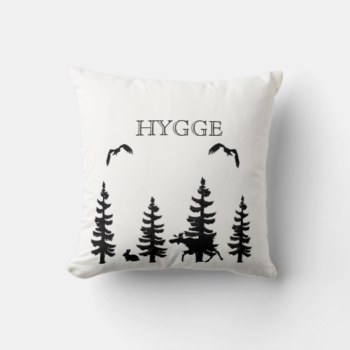 Nordic Hygge forest and animals in black white Throw Pillow