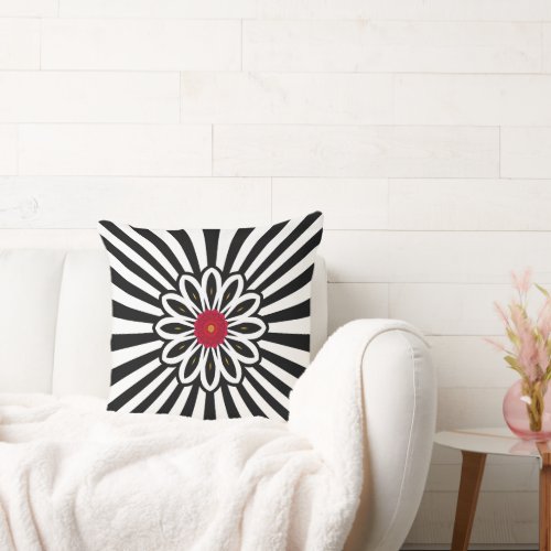 Nordic Inspired Flower Art Black  White Striped Throw Pillow