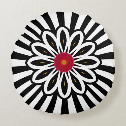 Nordic Inspired Folk Art Flower  Striped Pattern Round Pillow