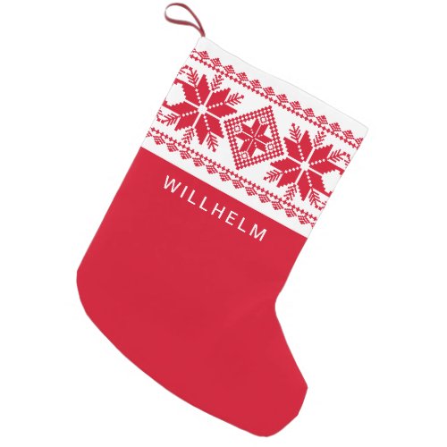 Nordic Inspired Snowflake Pattern Red White Small Christmas Stocking