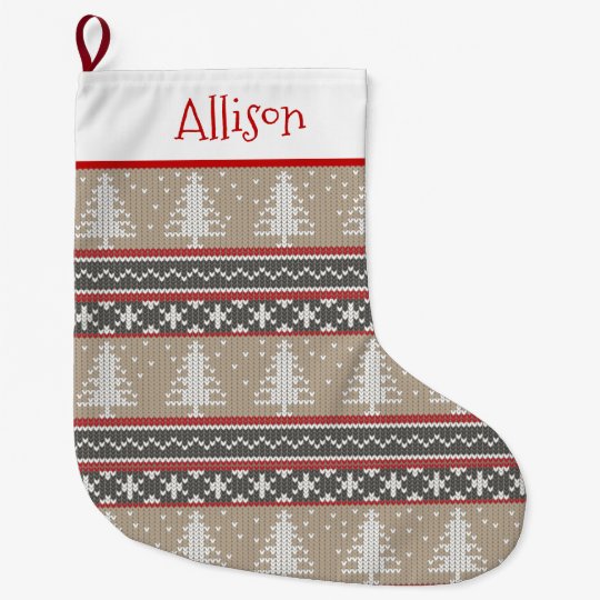 Nordic Knit Christmas Pattern Tan And Red Large Large Christmas Stocking Nordic Knit Christmas Pattern Tan And Red Large Large Christmas Stocking
