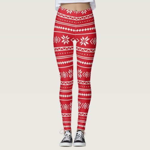 Nordic Knit Fair Isle Sweater Winter Snowflake Red Leggings
