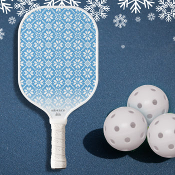 Nordic Knit Pattern Blue White Personalized Text Pickleball Paddle by colorfulgalshop at Zazzle