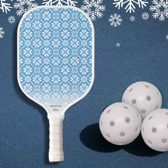Nordic Knit Pattern Blue White Personalized Text Pickleball Paddle (Creator Uploaded)