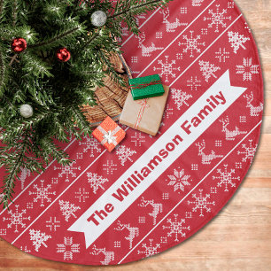 Nordic Knit Ugly Sweater Modern Red White Monogram Fleece Tree Skirt