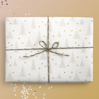 Nordic Light Tan Christmas Trees White Wrapping Paper