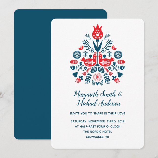 Nordic Love in red and blue | Wedding Invitation (Front/Back)