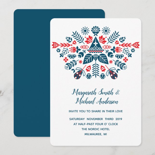 Nordic Love in red and blue | Wedding Invitation (Front/Back)