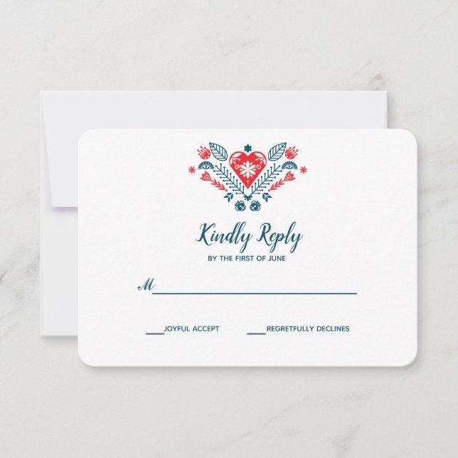 Nordic Love in red and blue |  Wedding RSVP Card (Front)