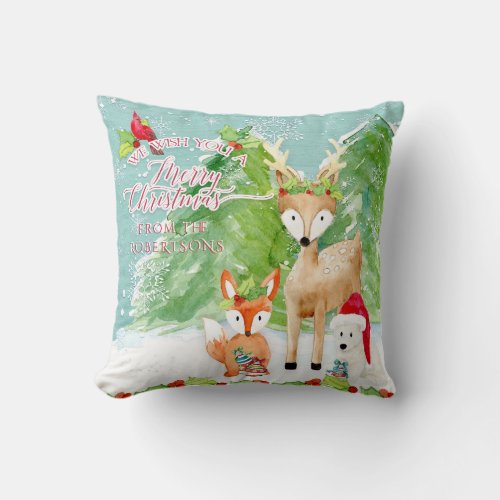 Nordic Merry Christmas Forest Fox Deer Bear Bird Throw Pillow