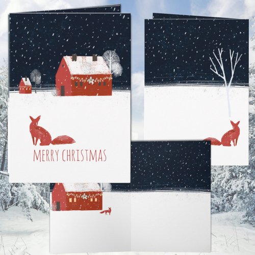 Nordic Merry Christmas Night Red Barn  Red Fox Holiday Card